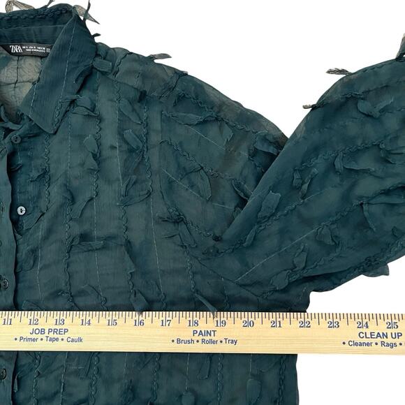 Zara Fringe Button Down Blouse Small Sheer Chiffon Dark Green Long Sleeve Goth - Picture 8 of 9